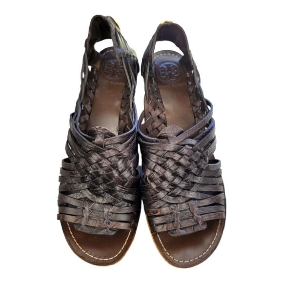 Tory Burch Lottie Woven Leather Huarache Cork Wedge Sandals - Picture 1 of 11